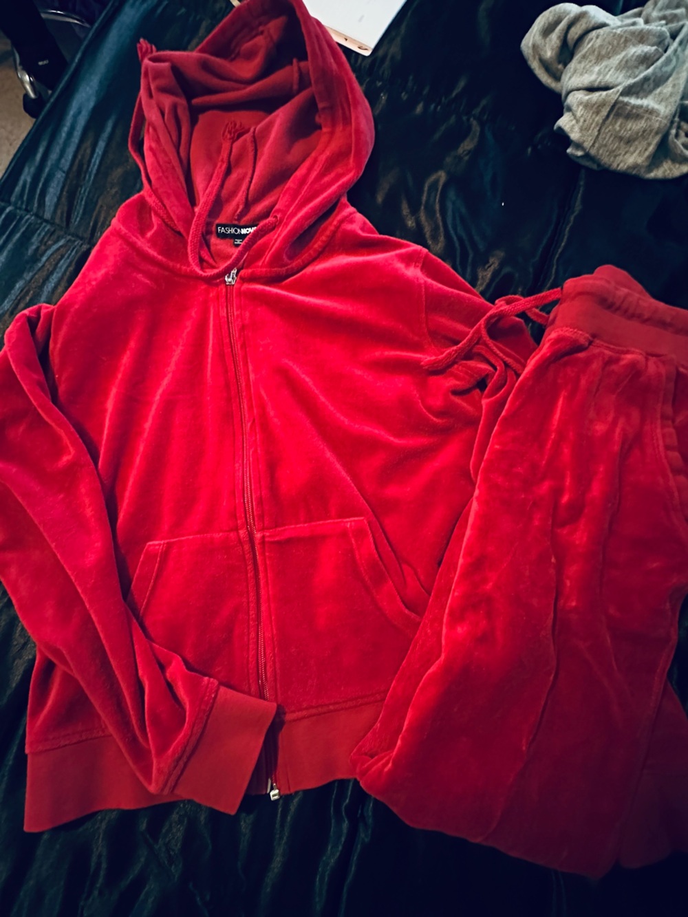 Fashion Nova Red Velour Zip Hoodie and Joggers Set